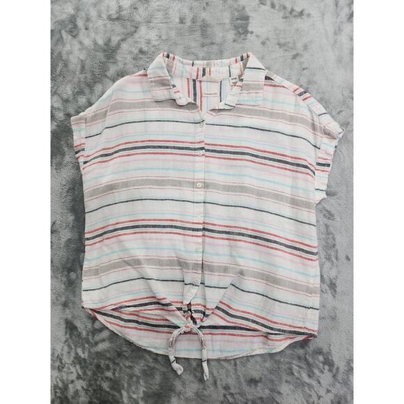 Weatherproof Vintage Top Womens S Striped Washable Linen Tie Front Button Front - Picture 1 of 7